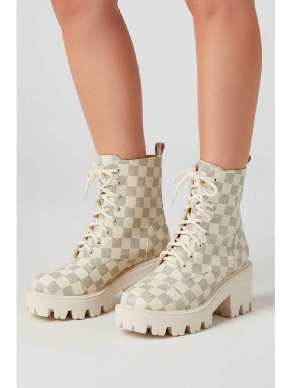 Women’s Beige Checkered Lace-Up Chunky Platform Combat Boots